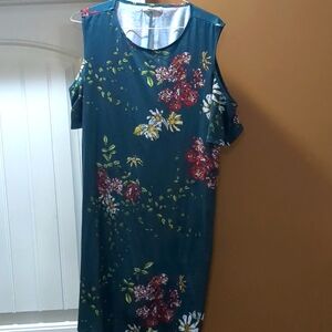 Women's plus size 2x dress knit floral cut out shoulders teal background hbeyyto